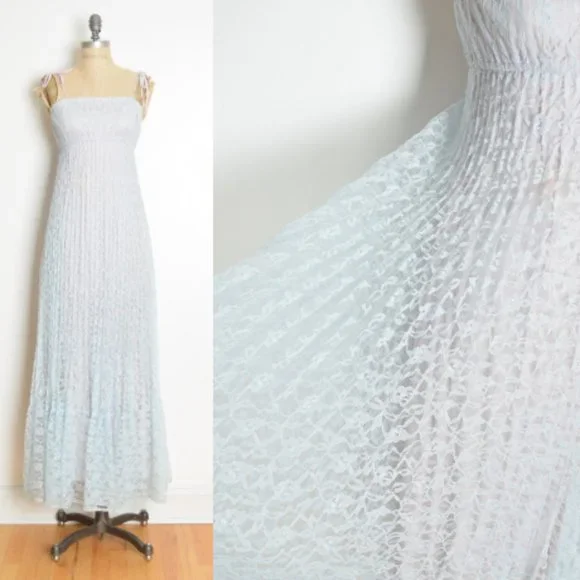 vintage 70s sun dress blue lace empire waist long maxi prom party hippie boho XS - Picture 1 of 9